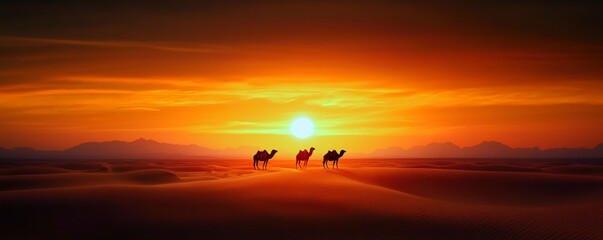 Obraz premium Experience the tranquil beauty of a desert sunset, featuring camels silhouetted against a breathtaking orange sky, creating a serene moment of natural wonder.