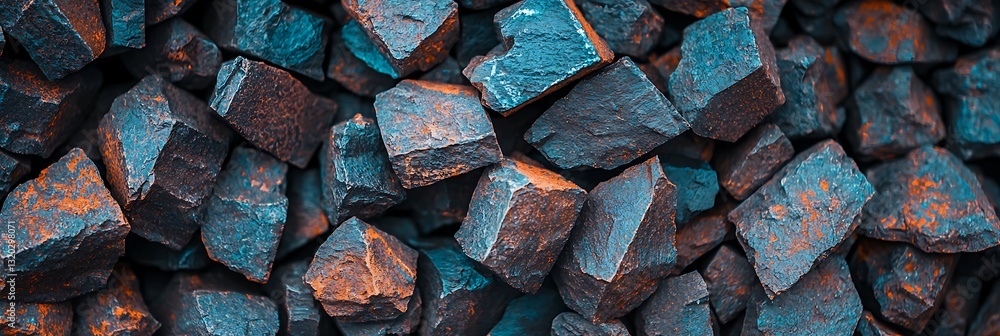 Poster a close-up image of textured, multicolored rocks, showcasing shades of blue and rust, creating an ap