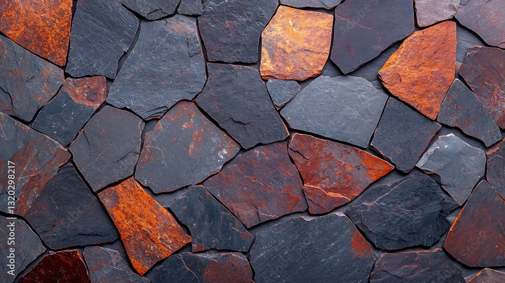 Poster a close-up view of a textured stone surface featuring irregularly shaped pieces in shades of dark gr