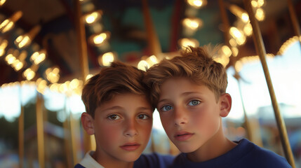 Obraz premium Dois meninos com expressão séria em parque de diversões iluminado por luzes do carrossel