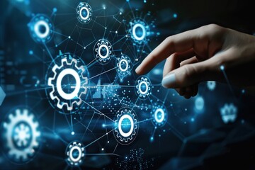 Obraz premium transfer data between application, closeup hand touching gears icon on network