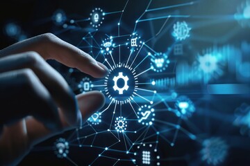 transfer data between application, closeup hand touching gears icon on network