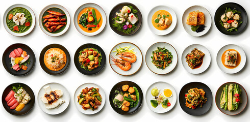 Culinary Mosaic: A delightful array of diverse dishes artfully arranged, offering a tantalizing glimpse into the world of food.