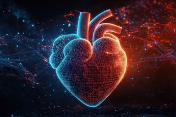 Futuristic Digital Human Heart with Neon Wireframes and Light Trails on Black Background