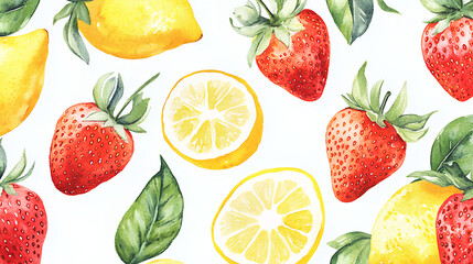 Naklejka premium Seamless watercolor pattern with vibrant strawberries and fresh lemons 