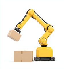 A yellow robotic arm is lifting a cardboard box. The robotic arm is positioned on a white isolated background, showcasing its mechanical precision and automation technology.