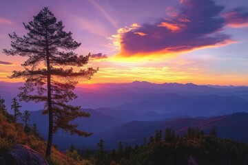 Fototapeta premium Autumn Sunset over Serene Mountain Landscape with Tall Pine Tree and Vibrant Clouds