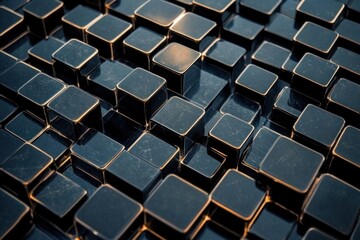 Naklejka premium Abstract geometric dark cubes pattern, sunlight reflection, digital art background