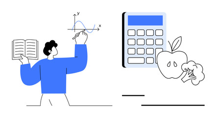 Person holding a book and drawing a graph, with a calculator, apple, and broccoli nearby. Ideal for education, math, health, wellness nutrition analysis or learning concepts. Flat simple metaphor
