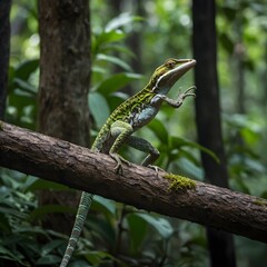Lizard Mid-Leap in Dense Forest