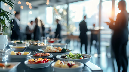 Corporate Gathering: A bustling buffet table laden with delectable dishes in a bright setting, with silhouetted figures of individuals.