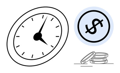 Clock pointing to time awareness, dollar sign in circle denoting financial value, and stacked coins. Ideal for time management, productivity, budgeting, investment, efficiency, financial planning
