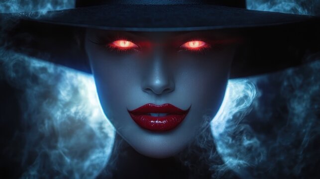 Close-up Portrait of a Gorgeous Vampire Woman in Dark Gothic Realism with Red Lips and Glowing Fangs