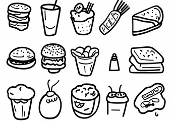 Doodle Delight: An assortment of doodle-style food items. A playful and engaging array of simple line drawings representing a variety of foods.