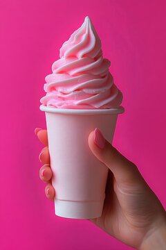 Hand holding pink soft serve ice cream in cup with berry toppings and pink background