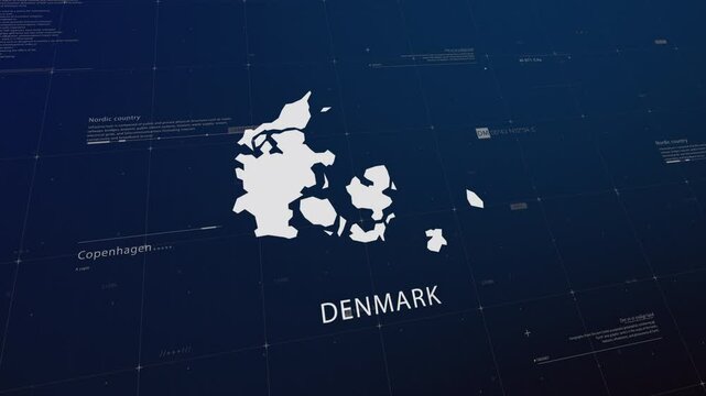 Denmark country map comes to life with cinematic panning, unveiling key details, the capital, and slogan, providing an engaging background for corporate and commercial use