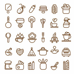 Culinary Iconography: A comprehensive collection of meticulously designed line art icons, showcasing a variety of food, utensils, and culinary equipment. Each icon is rendered with precise detail.