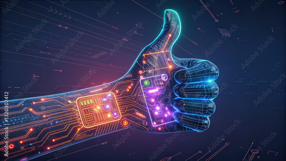 Poster glowing cybernetic hand with neon circuits gives thumbs up, symbolizing futuristic technology and in