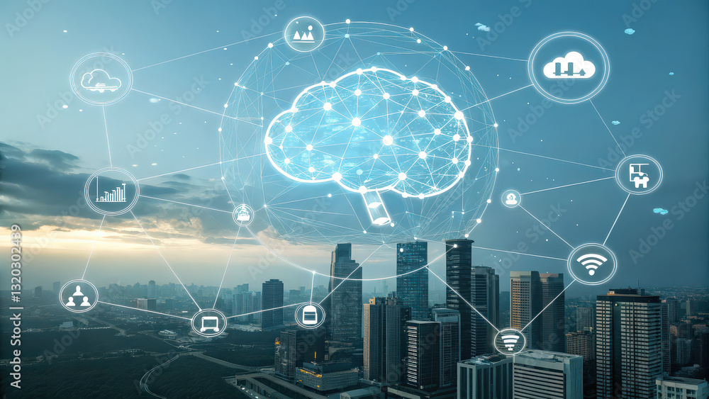 Poster futuristic ai powered cloud computing network is depicted over cityscape, showcasing interconnected 