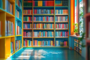 Colorful Bookshelf Background in Kindergarten Library with Soft Focus and Vibrant Atmosphere