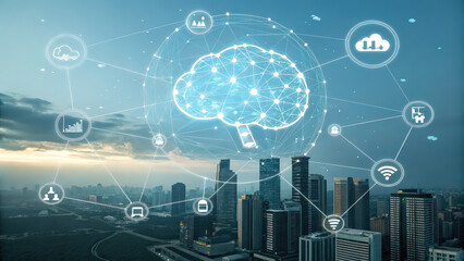futuristic AI powered cloud computing network is depicted over cityscape, showcasing interconnected digital icons representing various technologies and data analytics