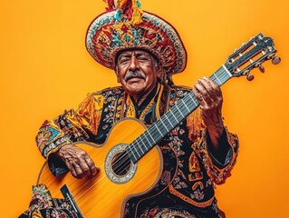 Obraz premium Elderly Musician in Traditional Attire Playing Guitar with Joy