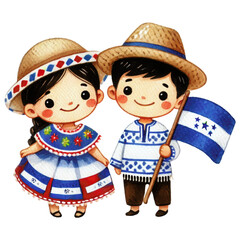 Hispanic culture concept. A colorful illustration of two children dressed in traditional attire, one holding a flag, celebrating cultural heritage.