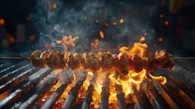 Grilled Skewers Over Hot Flames in a Charcoal BBQ with Smoke and Fiery Ambiance, Perfect for Food Lovers and Grill Enthusiasts
