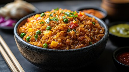 Savory vegetable fried rice served in a bowl with assorted sauces