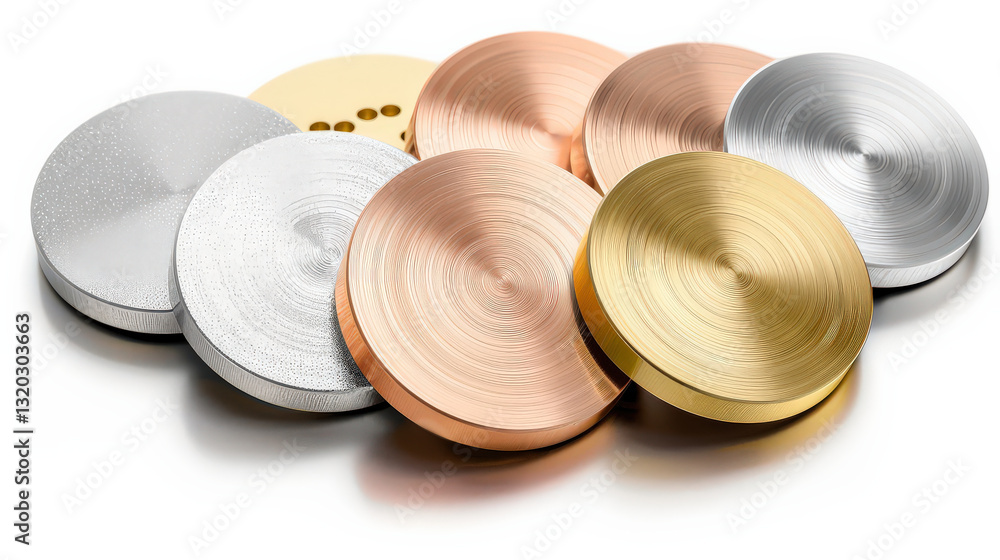 Poster collection of six metallic circular buttons with brushed finish, featuring various colors including silver, gold, and copper, arranged in overlapping pattern