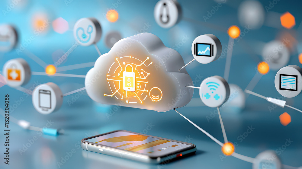 Poster futuristic cloud computing network with glowing digital lock symbolizing data security and connectivity, surrounded by various technology icons