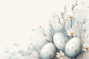 Fototapeta premium This artistic background showcases Easter eggs adorned with subtle floral patterns against a clean light grey backdrop. Perfect for seasonal designs or inspirations