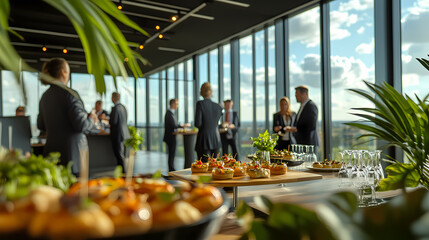 High-Rise Event: A sophisticated event unfolds in a modern high-rise venue, capturing business professionals engaging in networking amid delicious appetizers and drinks with a panoramic view.