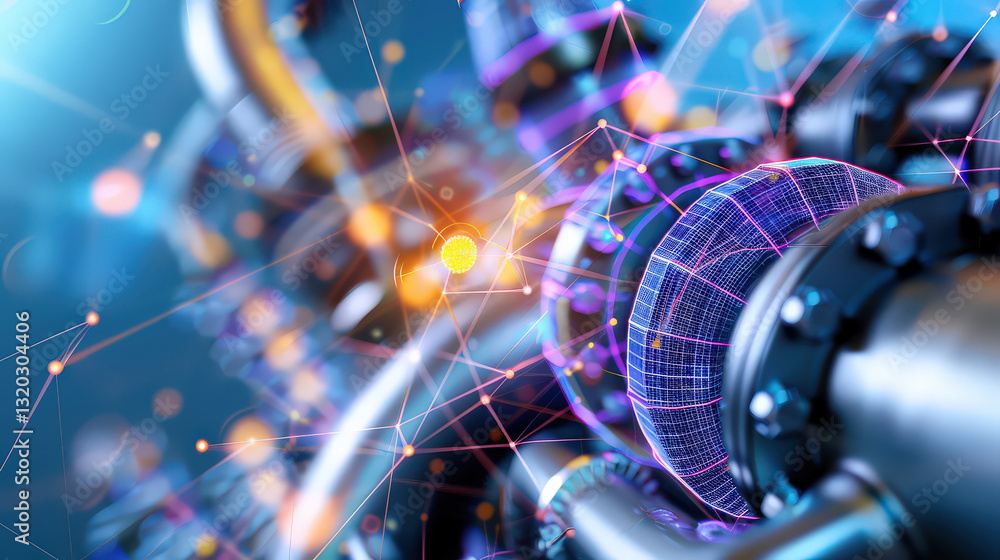 Aufkleber futuristic digital wireframe rendering of industrial machine with glowing connections and vibrant co