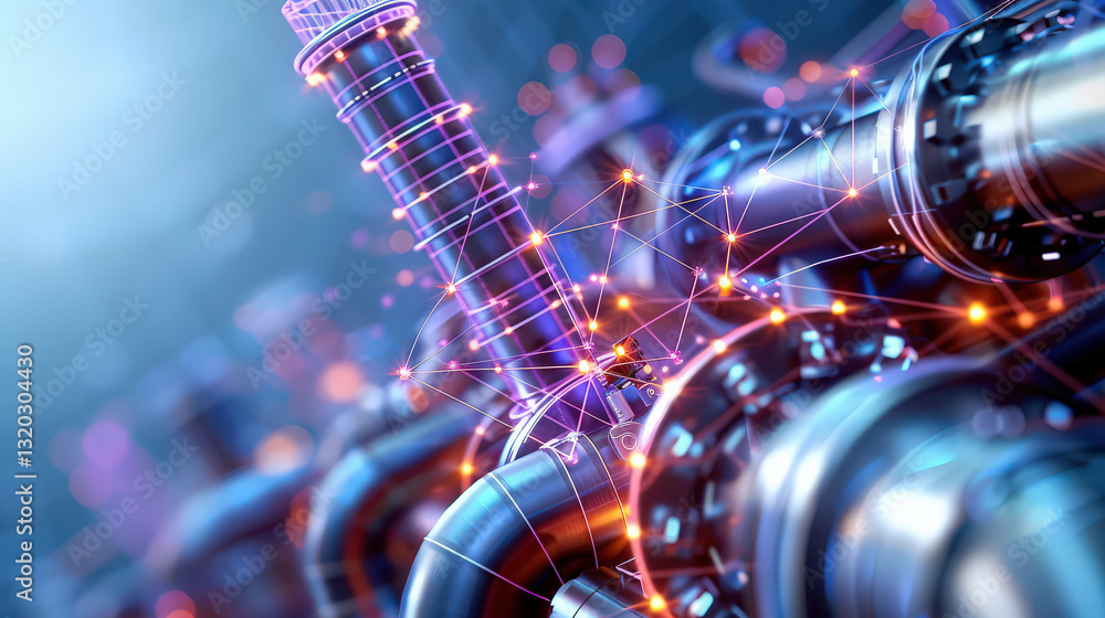 Leinwandbilder futuristic digital wireframe rendering of industrial network with glowing connections and metallic p