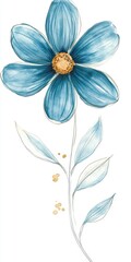 Delicate Blue Watercolor Flower with Yellow Center and Light Blue Leaves