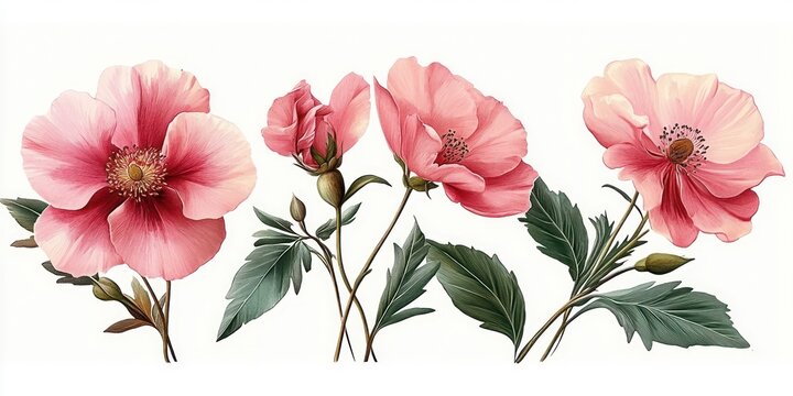 Detailed Botanical Illustration of Vibrant Pink Flowers in 18th Century Style on White Background