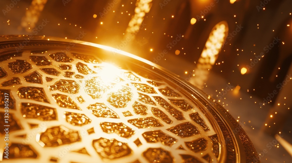 Poster intricate golden pattern with sparkling lights in a glowing atmosphere for artistic background or de