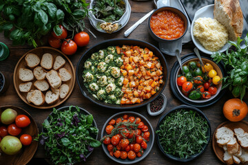 Delicious vegetarian spread with fresh ingredients and bread
