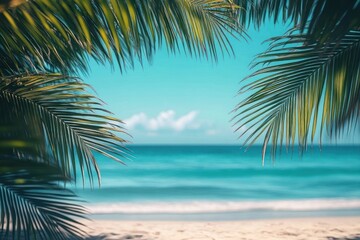 Tropical Beach Paradise with Palm Leaves and Blurred Ocean Background