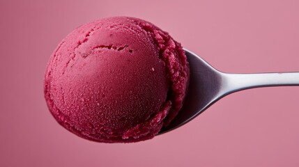 close up of a silver spoon filling with dark berry mulberry sorbet, dessert copy space.