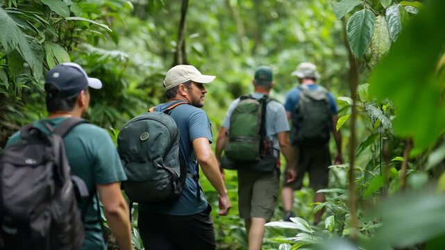 Jungle Trek: A group of adventurers hikes through a dense, verdant jungle, exploring the untamed wilderness and forging a path into the unknown.
