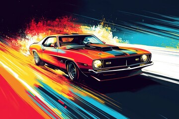 Obraz premium Classic Muscle Car in Motion Streaks of Vibrant Color Nostalgic Automotive Art
