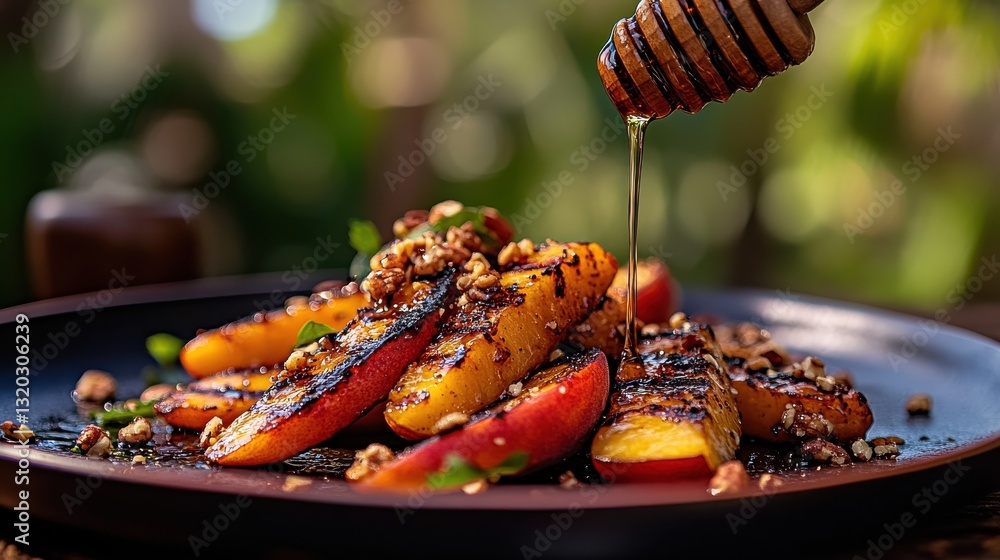 Poster grilled peaches with honey drizzle and nuts on a rustic plate surrounded by lush greenery in summer