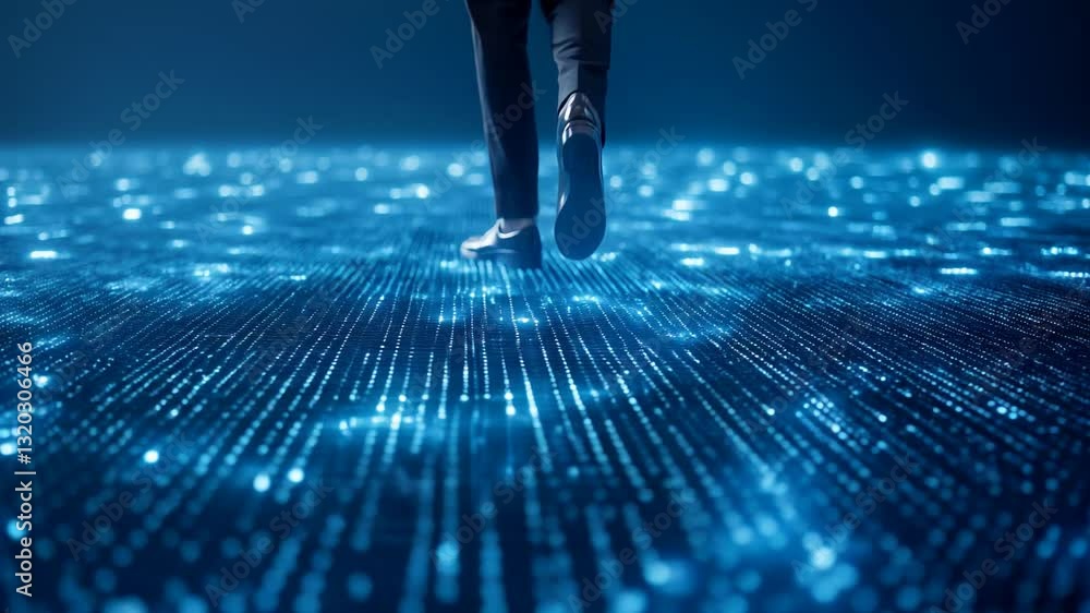 Poster navigating the digital landscape: a person walks into a vast, glowing, binary code-filled expanse. t