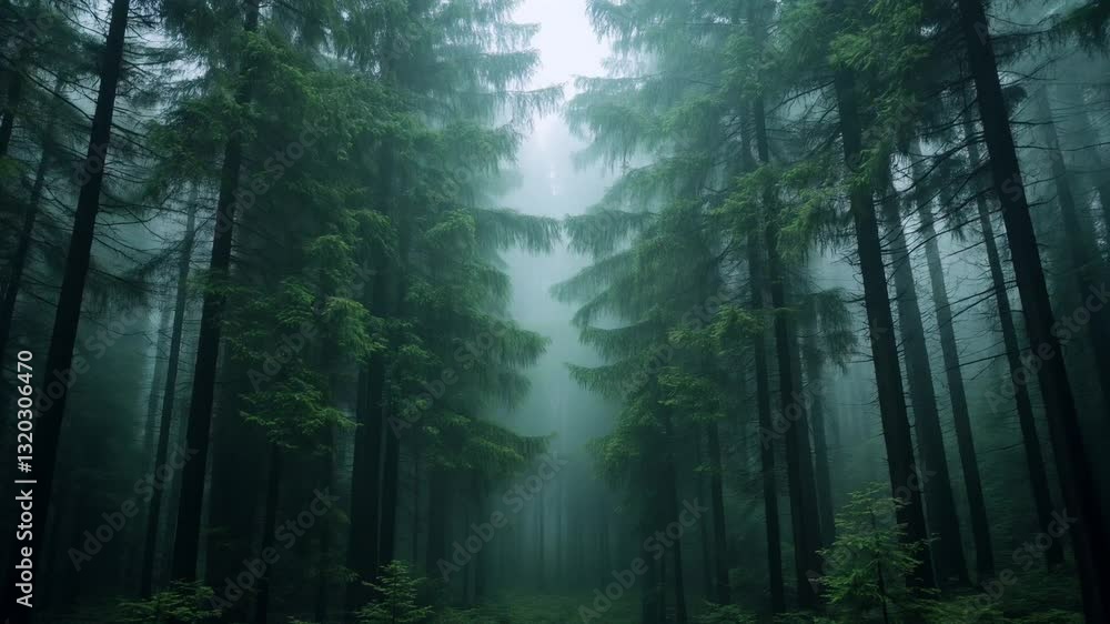 Poster mystical forest canopy: dense towering trees shrouded in a misty fog, their green needles blending i