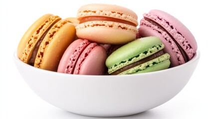 close-up of a white bowl with colorful macarons on a white background with copy space.