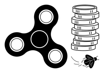 Fidget spinner symbolizing relaxation, stacked coins for wealth, and flying insect for motion. Ideal for business, economy, leisure, dynamics, problem-solving creativity mindfulness. Flat simple