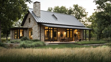 Stone farmhouse with metal roof at dusk.