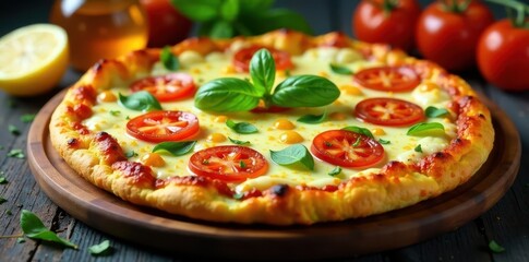 Crispy potato crust vegetarian pizza, fresh herbs, potato crust pizza, lunch, rustic